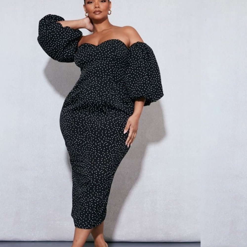 Off-Shoulder Black Polka Dot Bodycon Dress - Picture 1 of 3